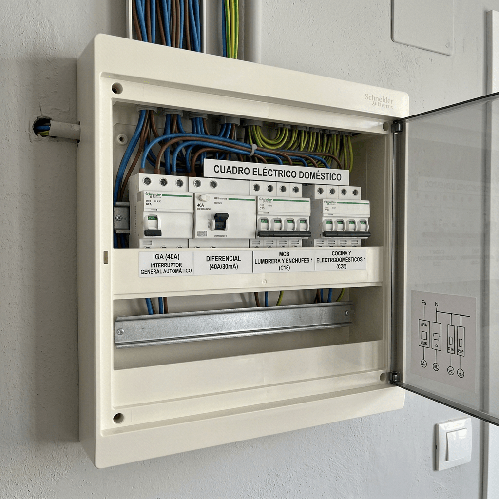 Open Schneider Electric domestic electrical panel with labeled circuit breakers